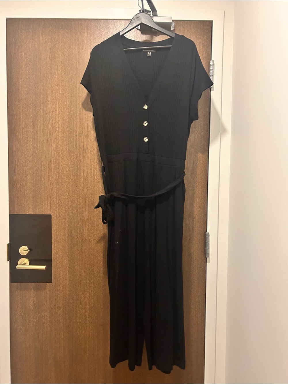 Banana Republic Women's Black V-Neck Button Jumpsuit with Waist Tie